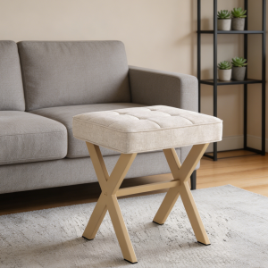 Square Linen Makeup Stool with Metal X Legs